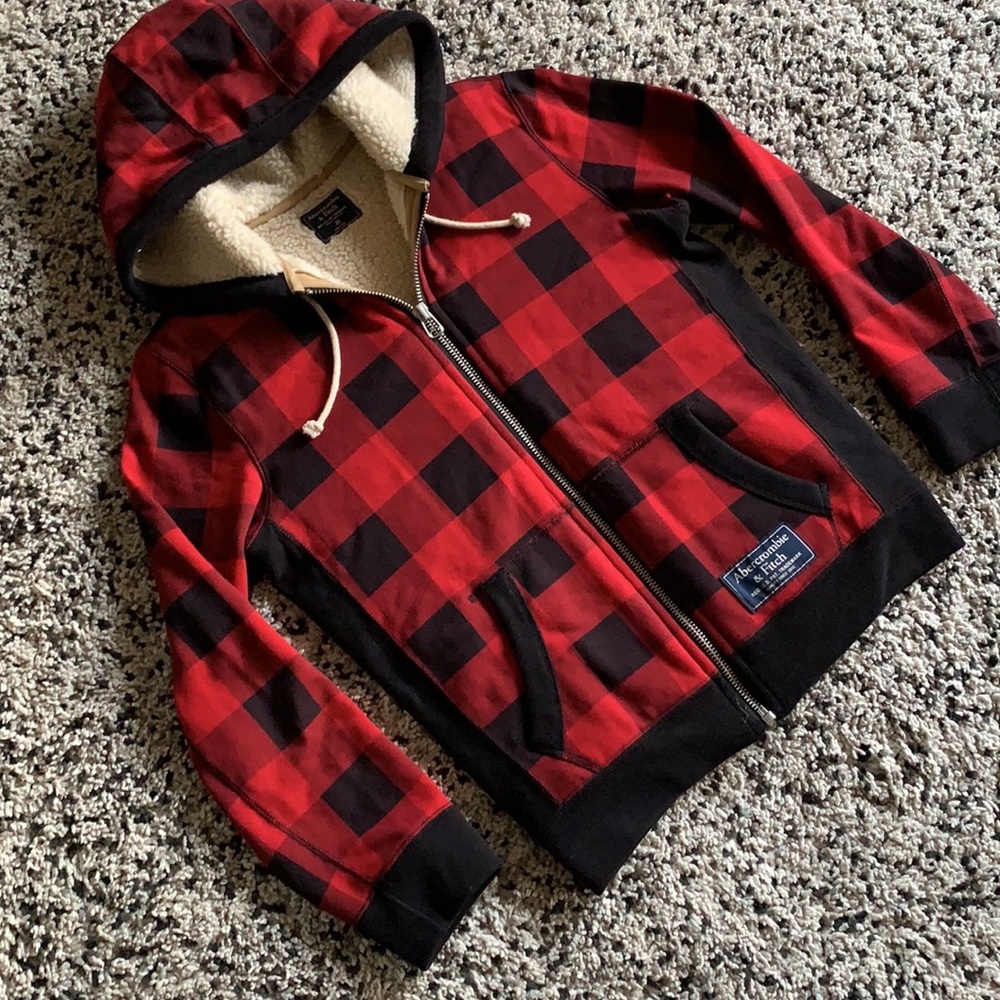 Abercrombie & Fitch Men’s Sherpa Full Zip Red Black Buffalo Plaid Hoodie Size XS - Picture 3 of 9